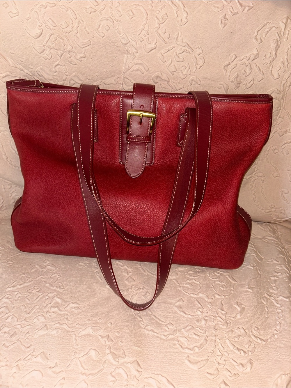 Levenger Classic Red Leather Tote Bag with Buckle Strap